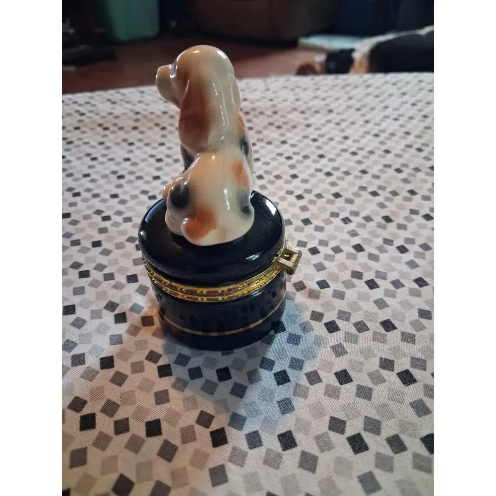 Cocker Spaniel Porcelain Small Trinket Box Hinged Crackle Glaze Dog Puppy Black